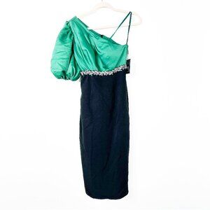 NWT Mac Duggal Two-Tone One Shoulder Embellished Midi Dress Black Verde #A0100